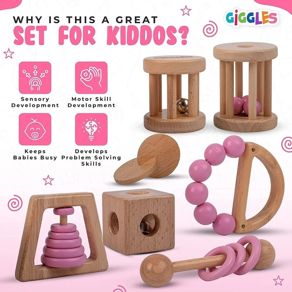 PINK Wooden Baby Toy & Wooden Baby Rattle, 0-6 Months Wooden Toys